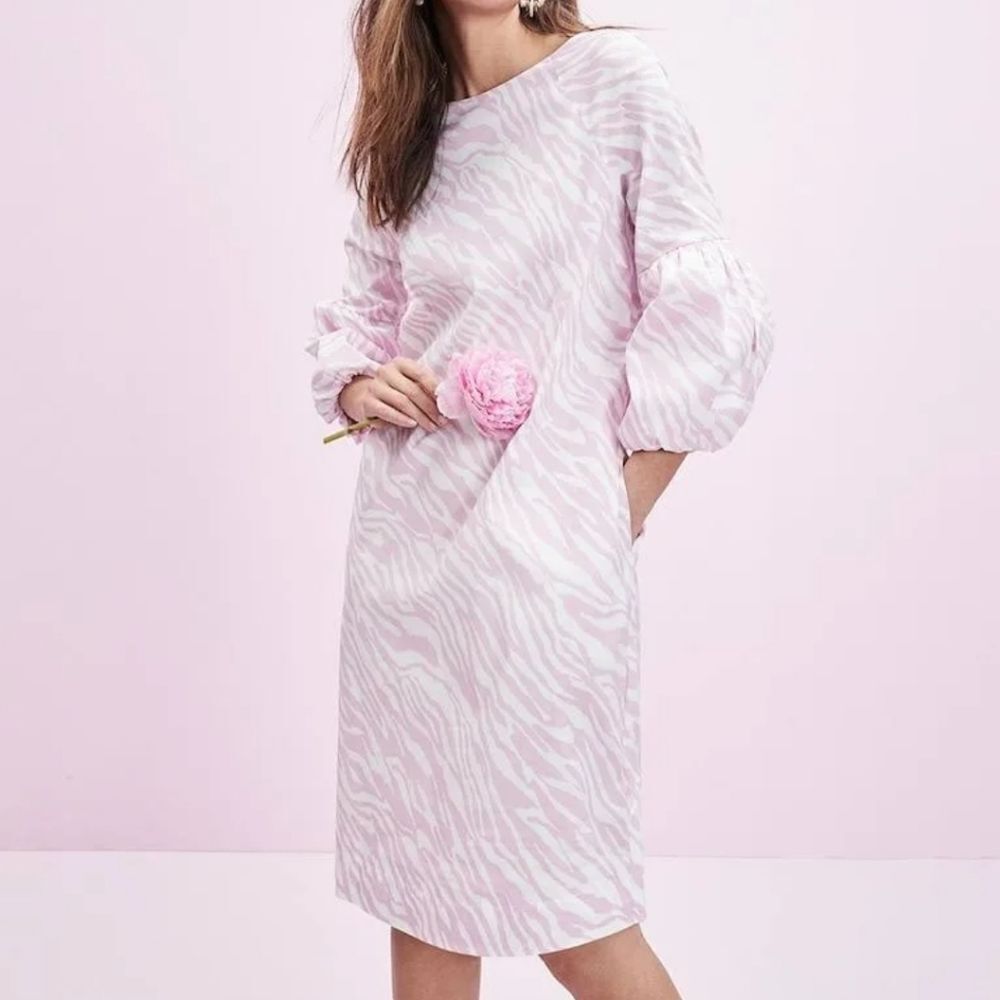 Chico's Dress Pink Zebra Print Ballon Sleeve Midi Dress Poplin Stretch NEW - Picture 16 of 16